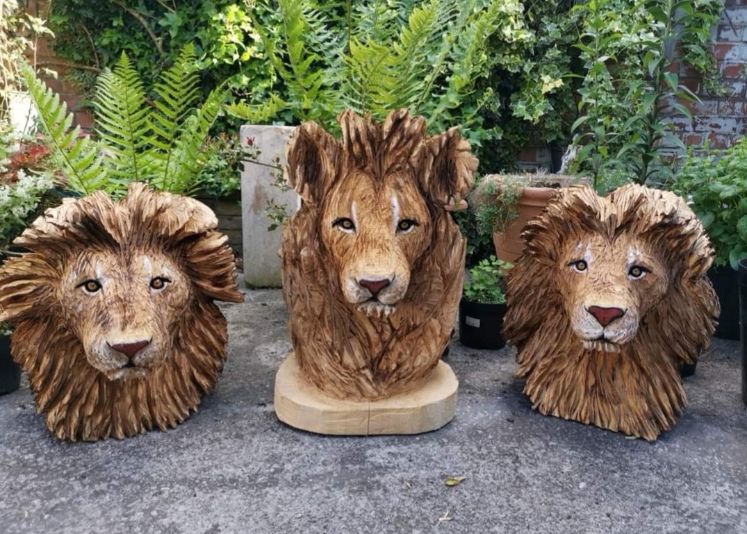 Three lions, life size heads, with paint highlights